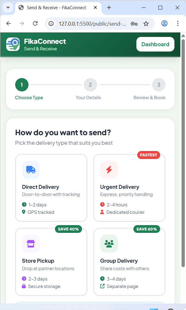 FikaConnect app showing live delivery bookings