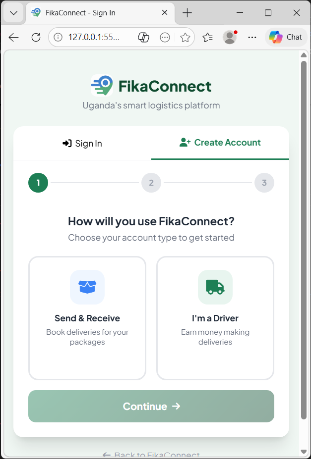 Create account screen